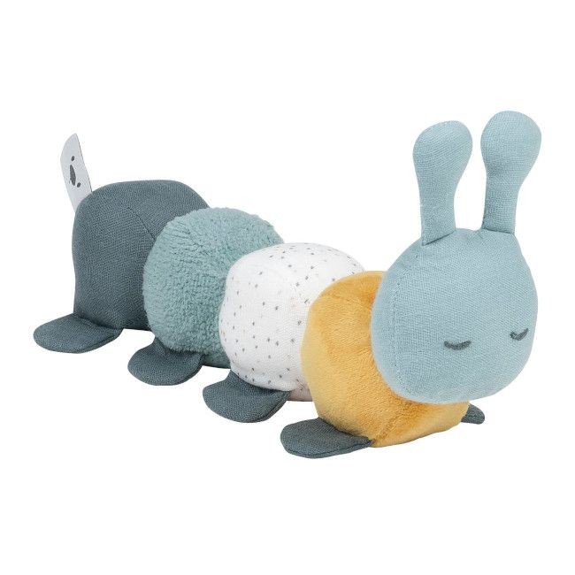 Brinquedo de peluche para bebé em forma de lagarta azul, branco e amarelo
