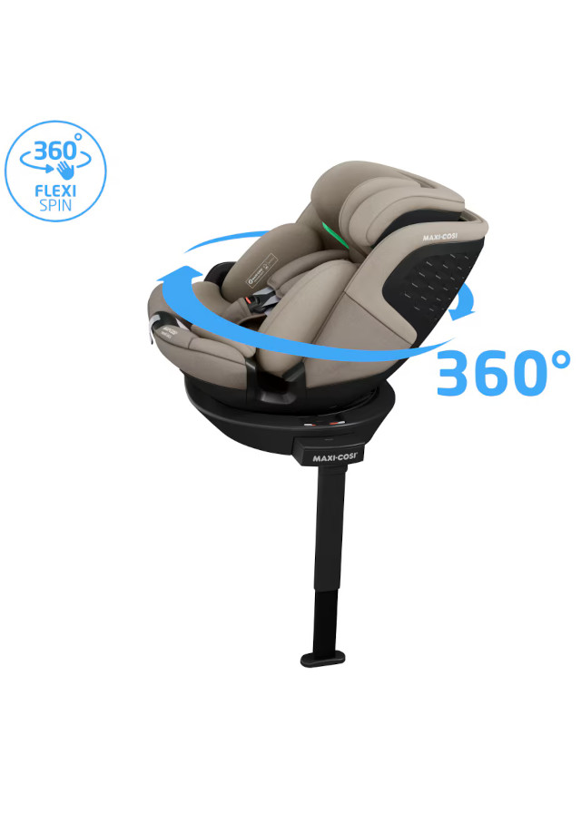 Cadeira auto Maxi-Cosi castanha com base preta e indicação de rotação 360°