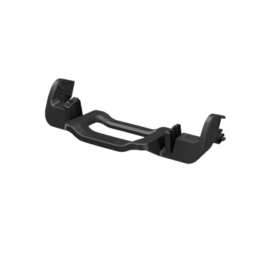 Suporte plástico preto ergonómico sobre fundo branco