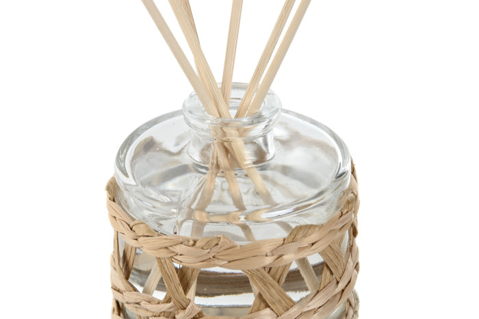 Frasco de vidro com suporte trançado e varetas de madeira