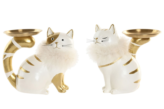 Estatuetas de gatos brancos com detalhes dourados e colar de pelúcia