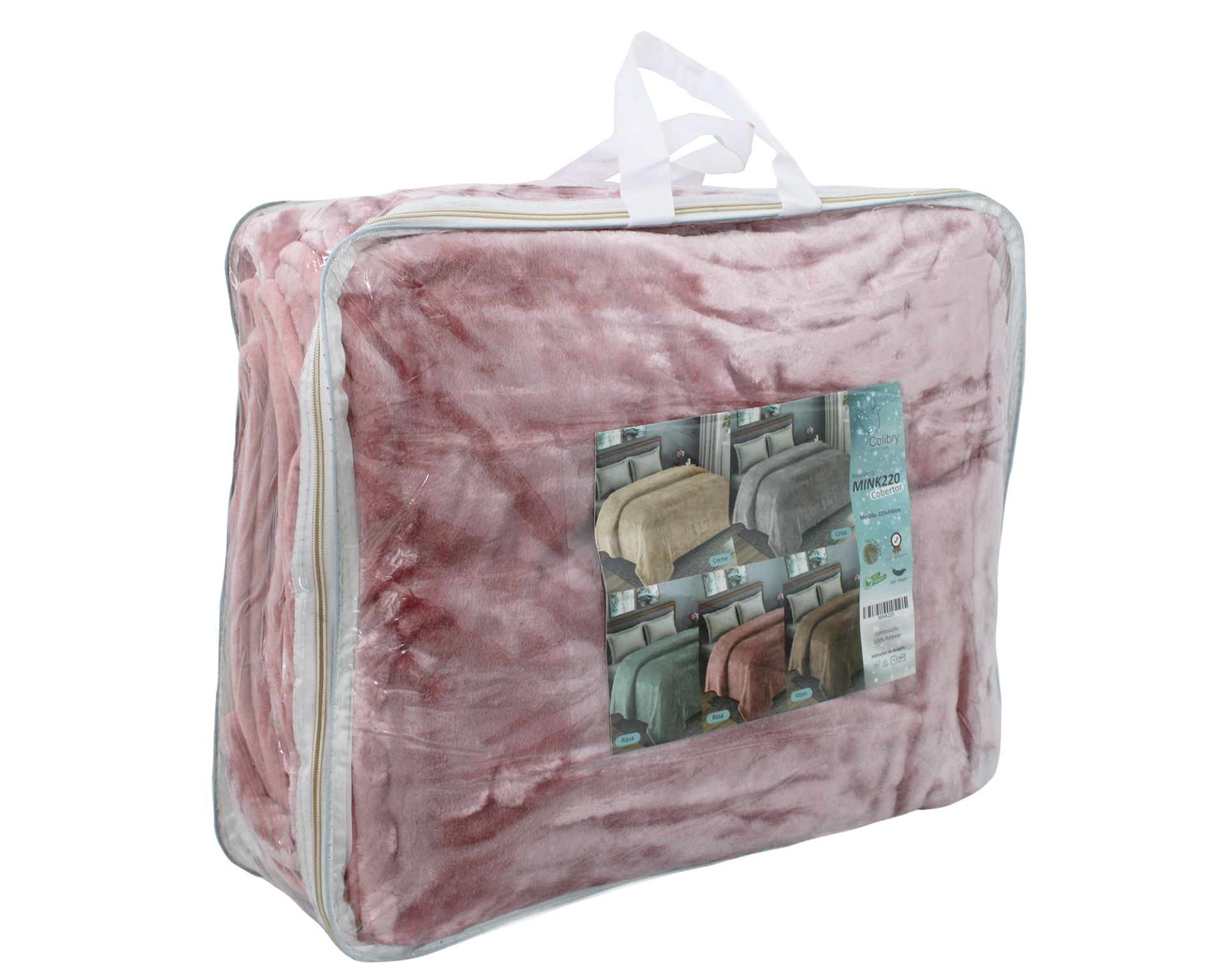 Manta cor-de-rosa embalada em saco plástico com alças brancas e etiqueta com imagens de outras mantas