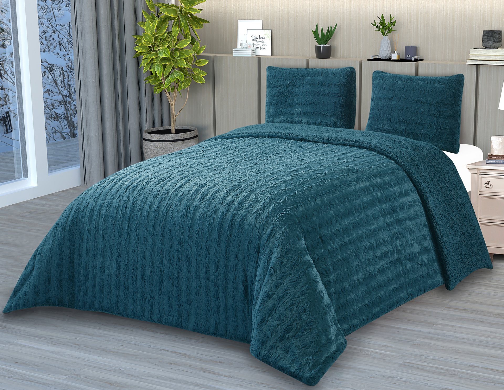 Conjunto de cama azul turquesa felpudo com padrão listrado em quarto moderno
