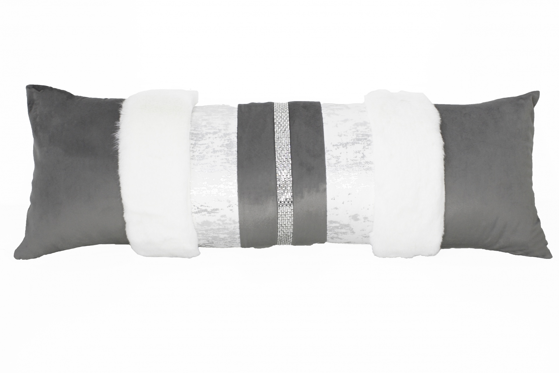 Travesseiro decorativo retangular cinza e branco com faixa central texturizada