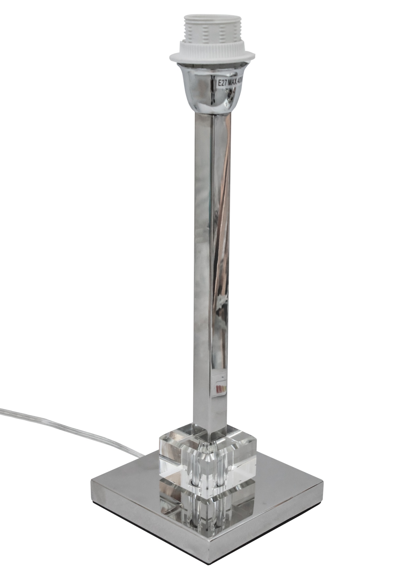 Candeeiro de mesa metálico prateado com base quadrada e detalhe acrílico