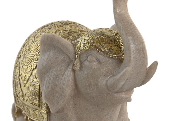 Escultura de elefante decorativo com detalhes dourados e textura trabalhada.