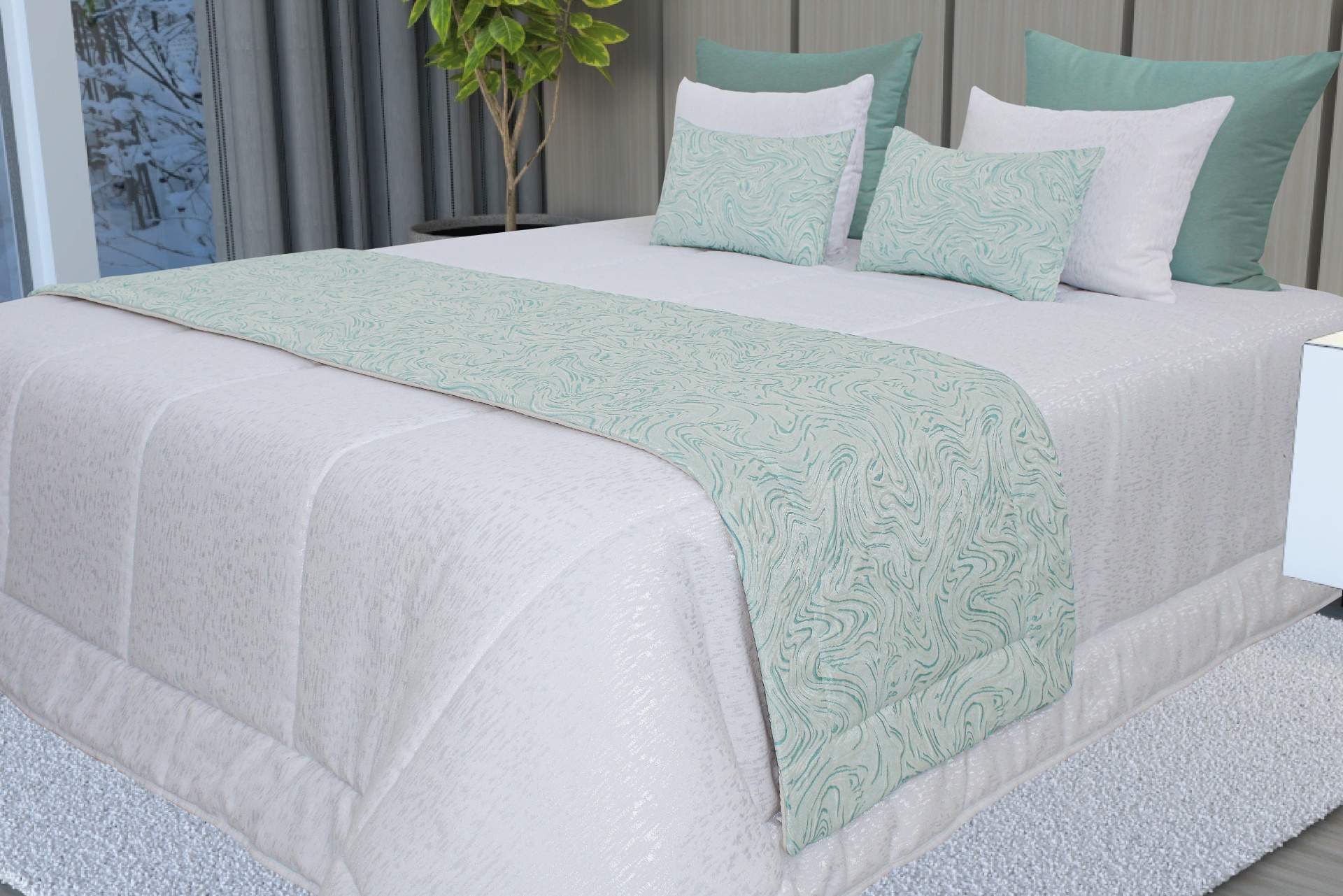 Colcha bege clara com passadeira verde água com padrão abstrato em cama moderna.