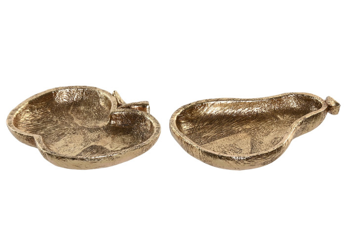 Duas taças decorativas douradas em metal, uma em forma de folha e outra em forma de pêra