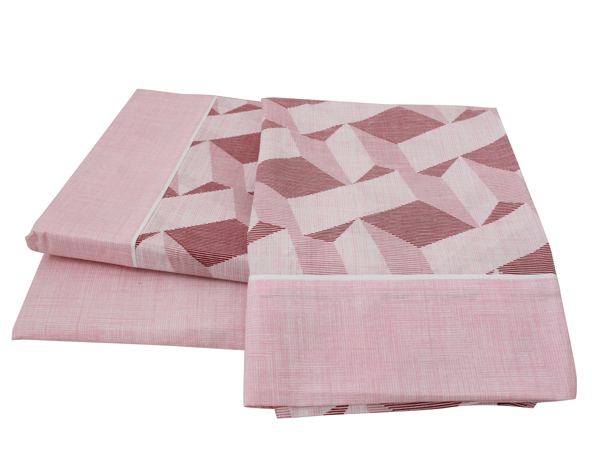 tecidos em tons de rosa com padrão geométrico