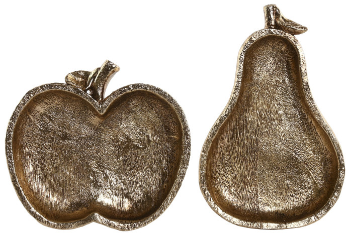 Dois tabuleiros decorativos dourados em forma de maçã e pera com textura rugosa.