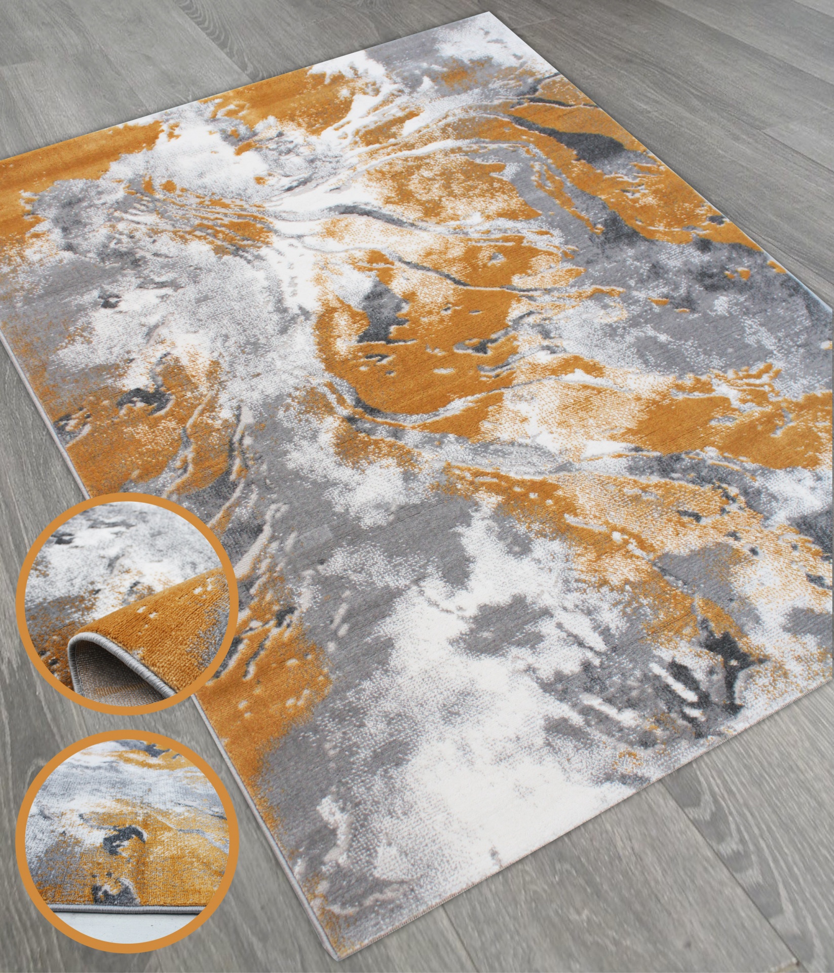 Tapete retangular com padrão abstrato em amarelo ocre, cinza e branco