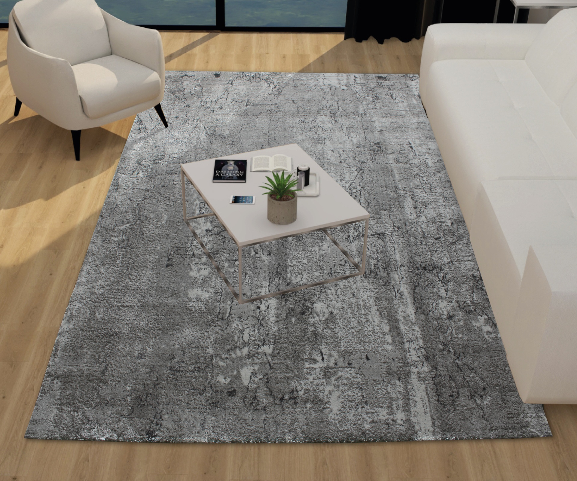 Tapete cinza abstrato na sala com mesa branca, vaso com planta, sofá branco e poltrona clara