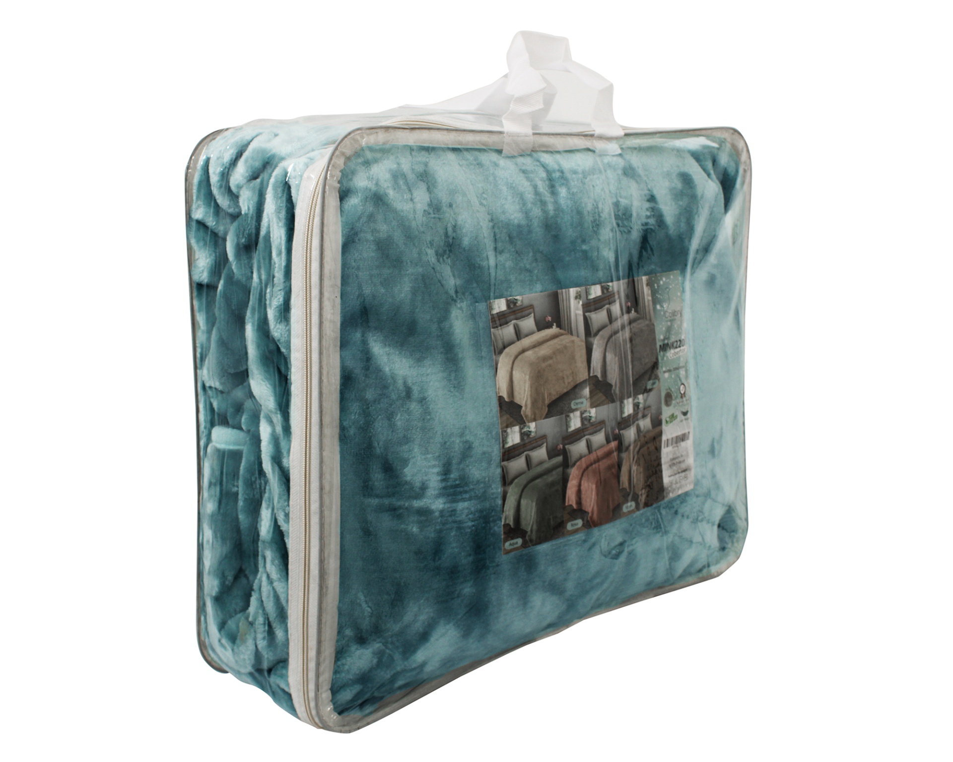 Manta azul turquesa embalada num saco plástico com fecho e alça