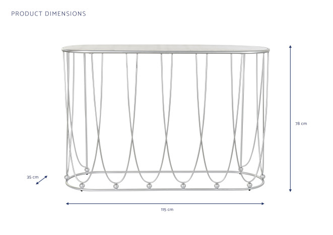 mesa oval branca com estrutura metálica e tampo branco, dimensões indicadas