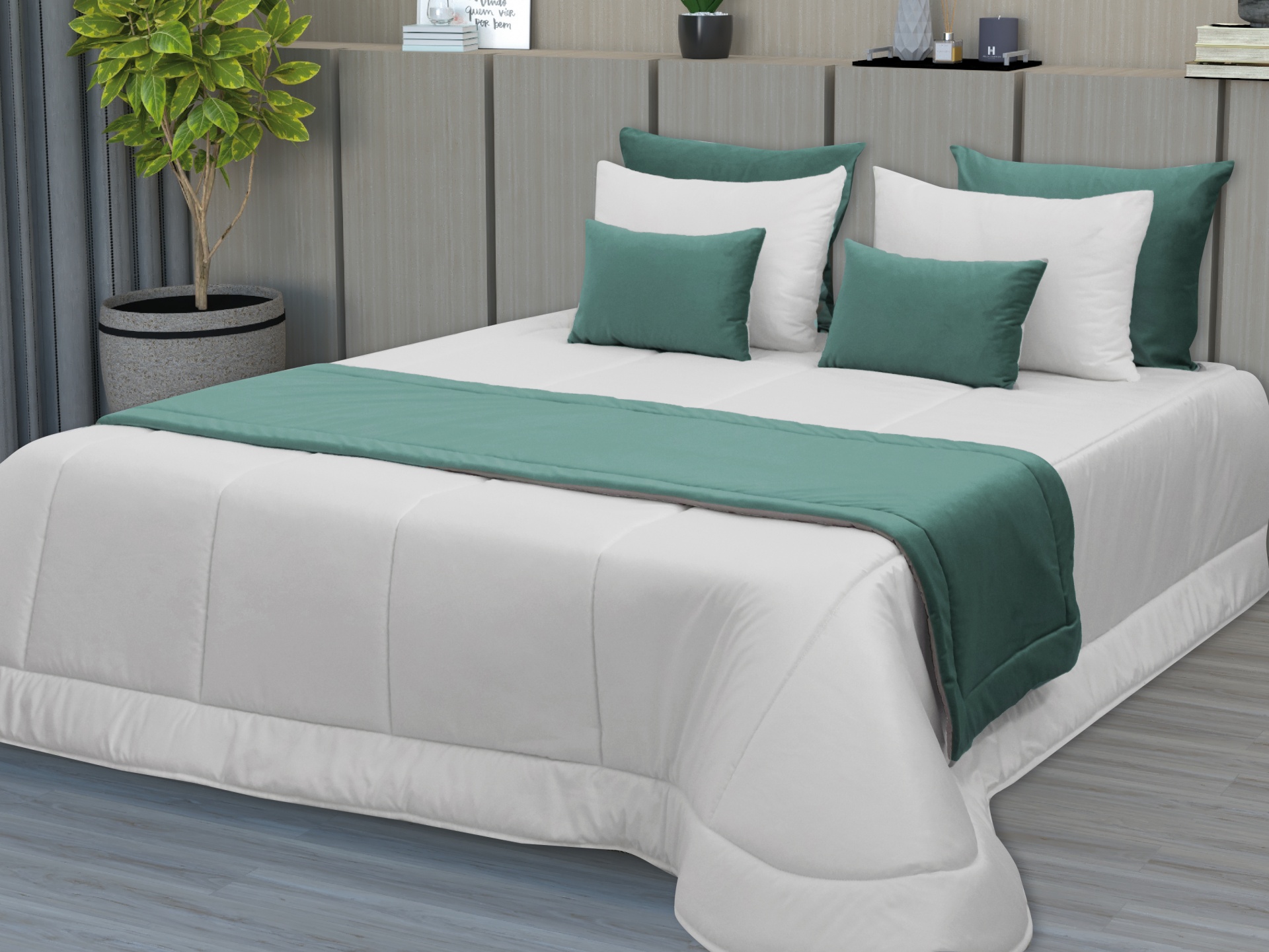 Cama de solteiro com roupa e almofadas branco e verde água em quarto moderno.