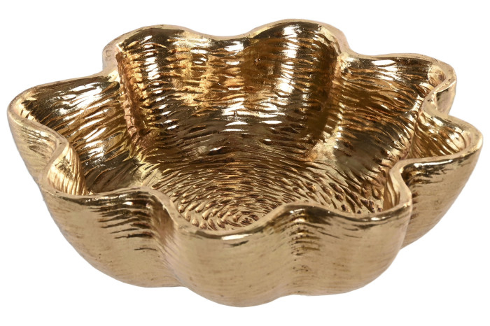 Taça decorativa dourada com textura ondulada e forma de flor