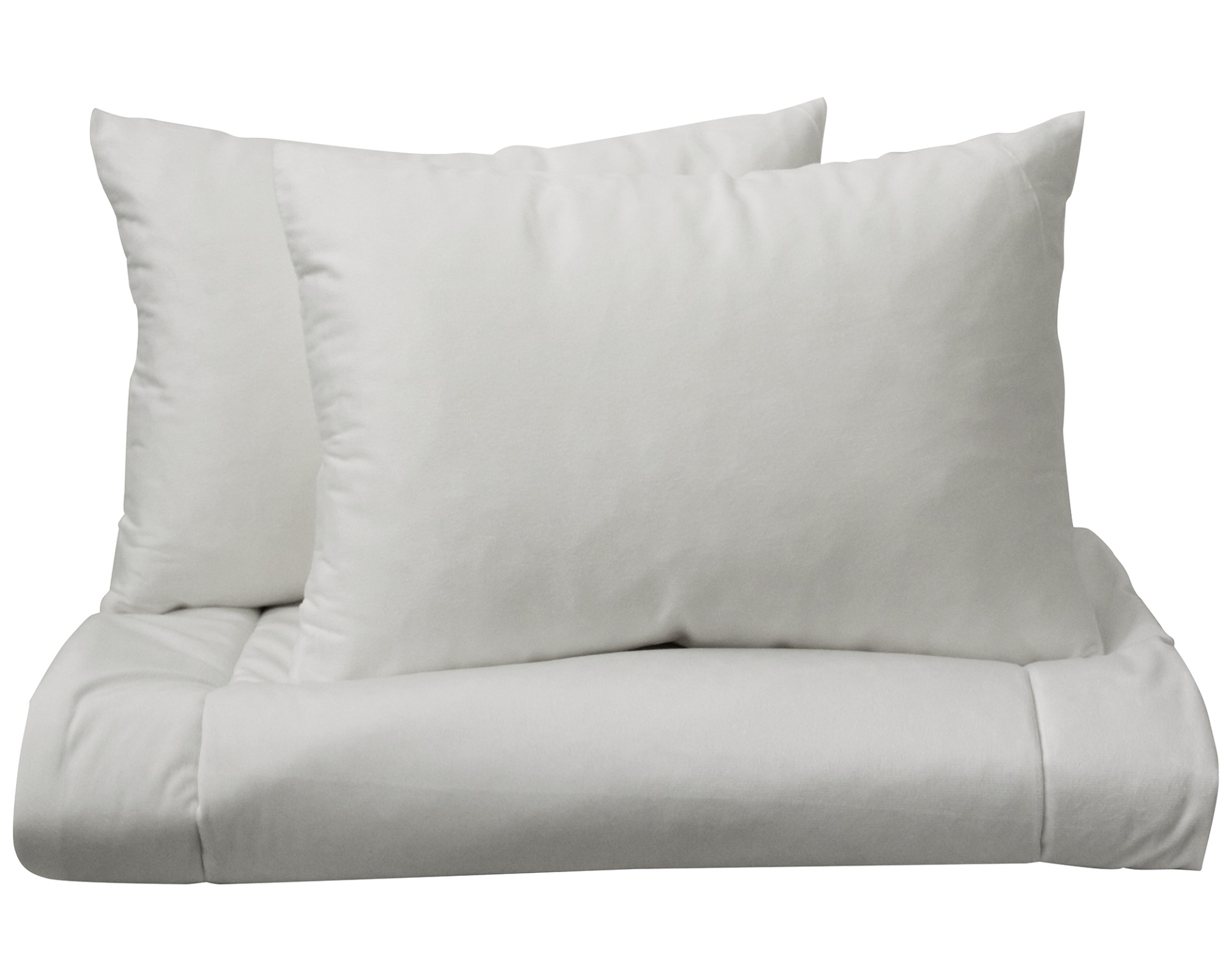 Conjunto de roupa de cama branca com duas almofadas e edredão