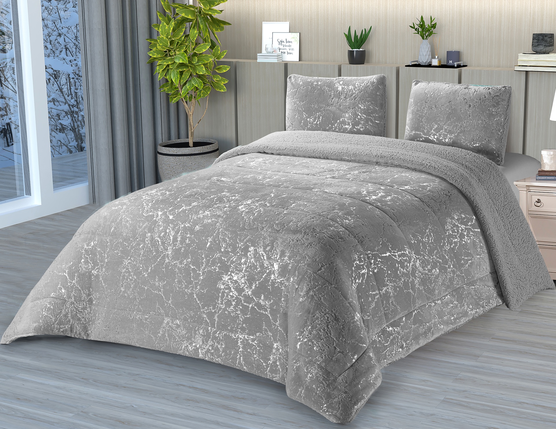 Conjunto de cama cinzento com padrão marmoreado prateado e textura felpuda