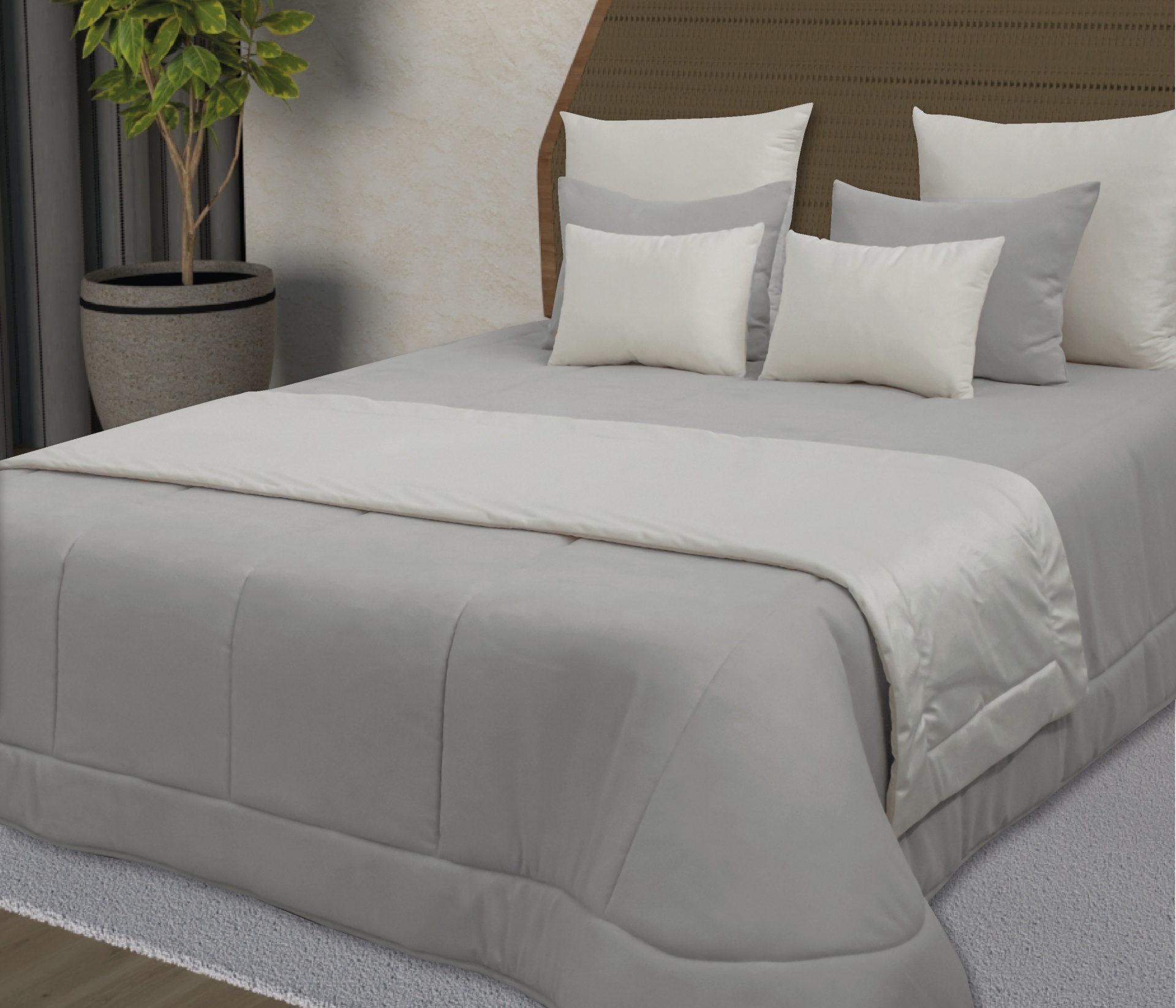 Cama com roupa de cama cinza e bege e cabeceira castanha ao lado de planta em vaso.