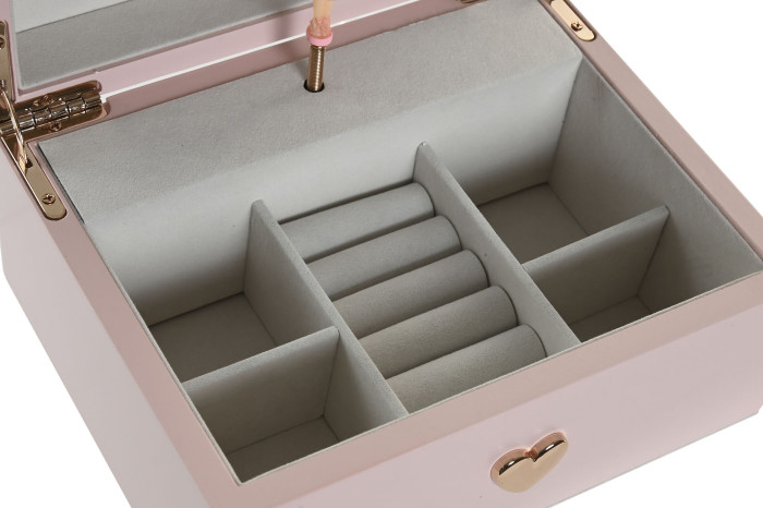 Caixa de joias rosa com divisórias e interior cinzento