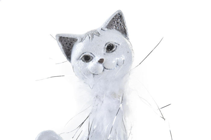 Figura decorativa de gato branco com detalhes cinzentos e brilhantes
