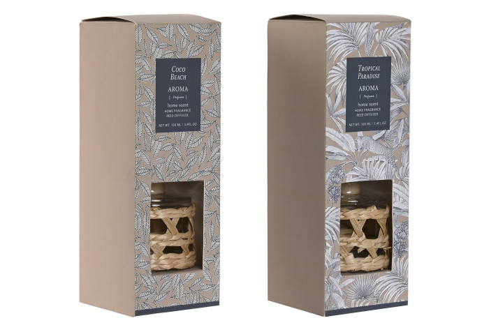 Caixas com difusores de aroma para casa com desenhos de folhas e janelas transparentes mostrando frascos de vidro com varetas.