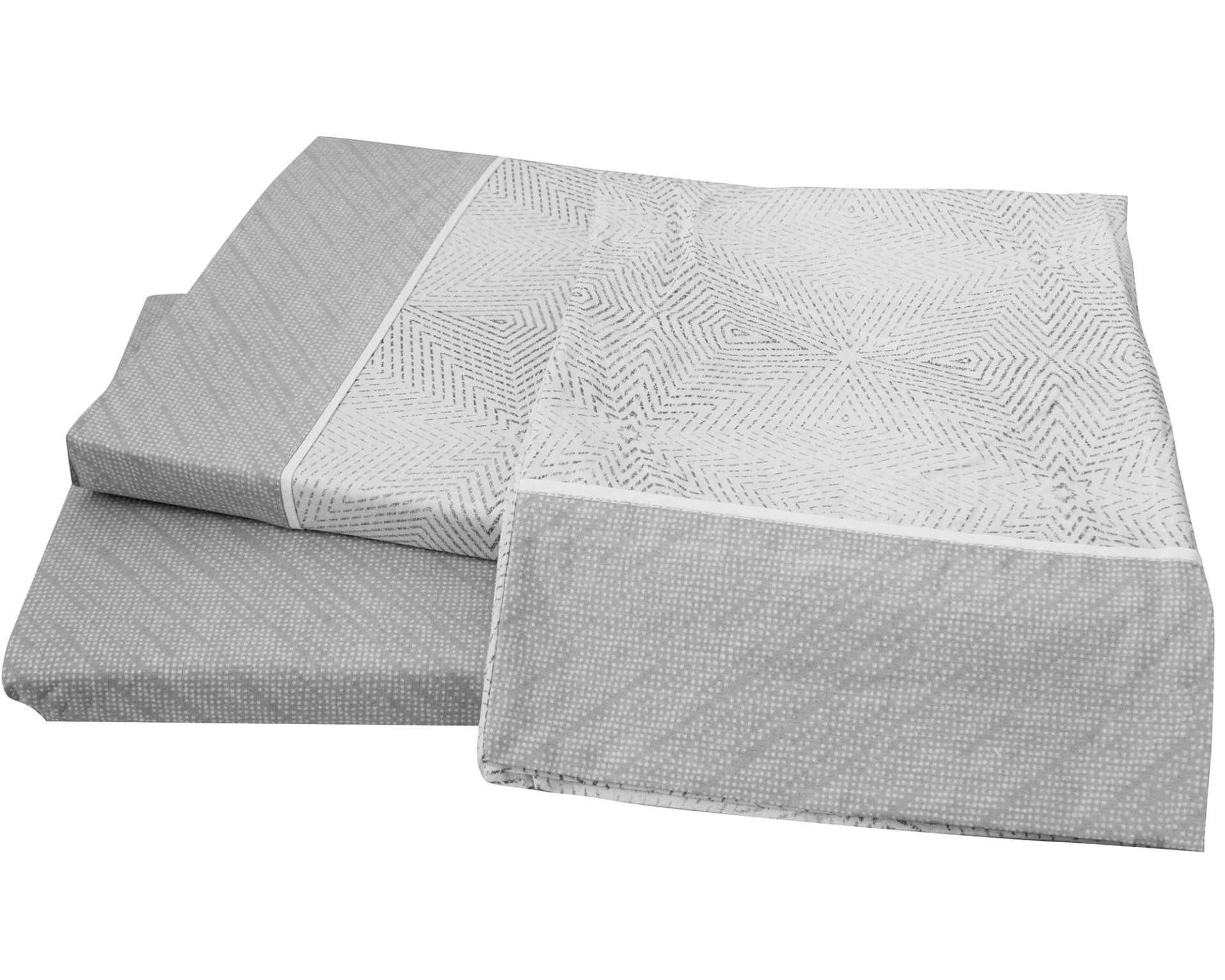 Conjunto de roupa de cama cinza com padrão geométrico branco