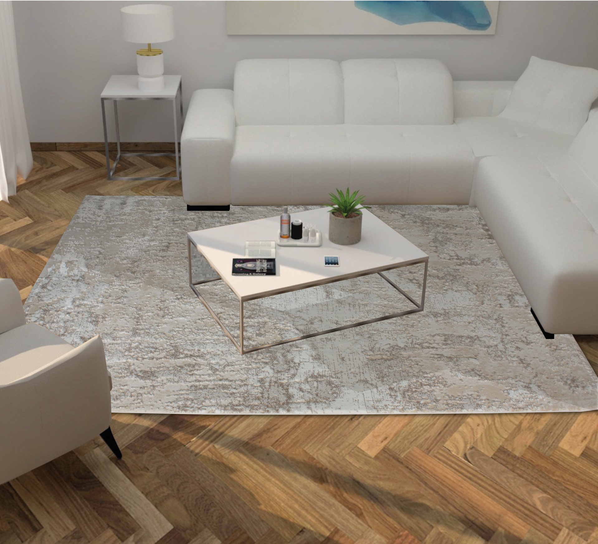 Tapete cinza-bege abstrato numa sala com sofá branco, mesa de centro e chão em madeira.