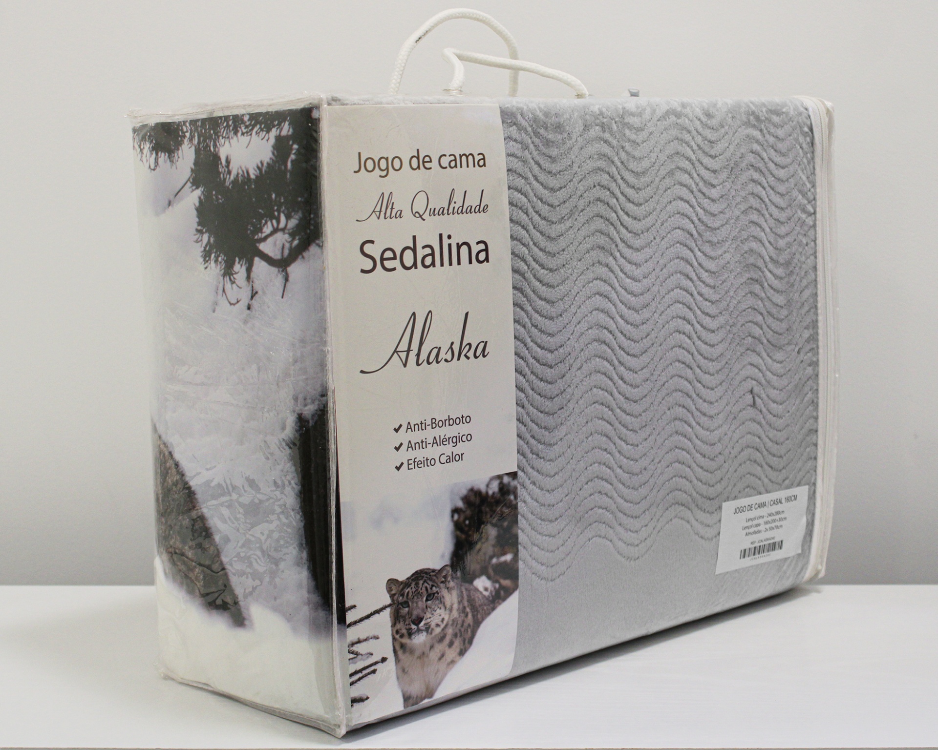 Pacote de jogo de cama Sedalina cinza com padrão ondulado e etiqueta informativa.