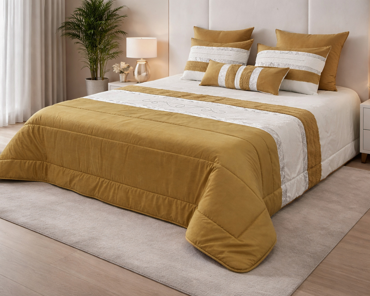 Conjunto de cama castanho mostarda e branco com almofadas e edredão bordado sobre cama com cabeceira creme