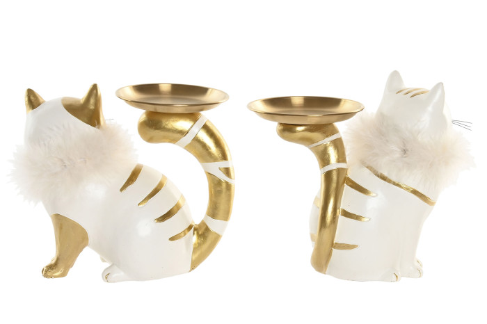 Castiçais decorativos de gatos brancos com detalhes dourados e gola de pelo sintético