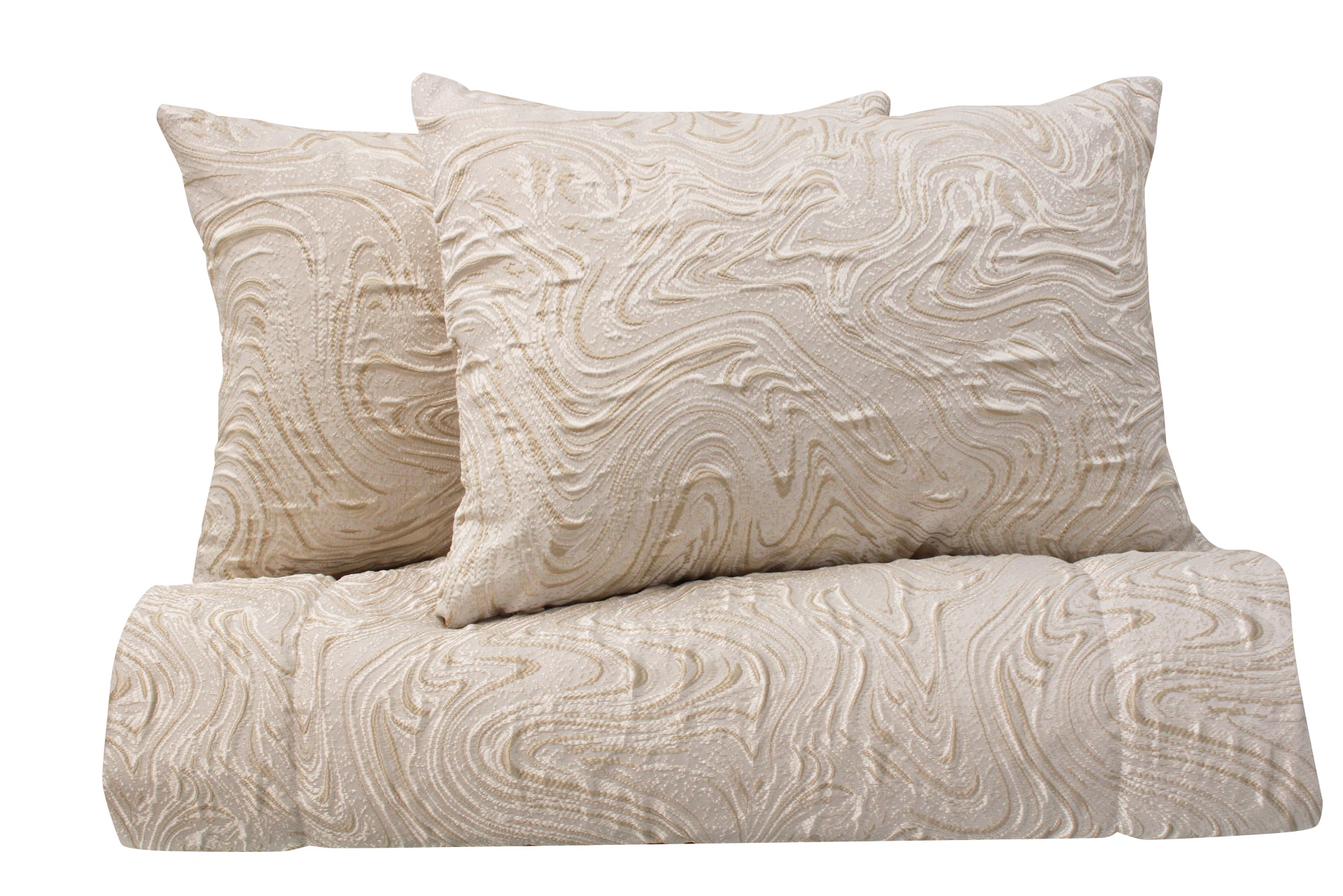Conjunto de almofadas e manta bege claro com padrão texturizado ondulado