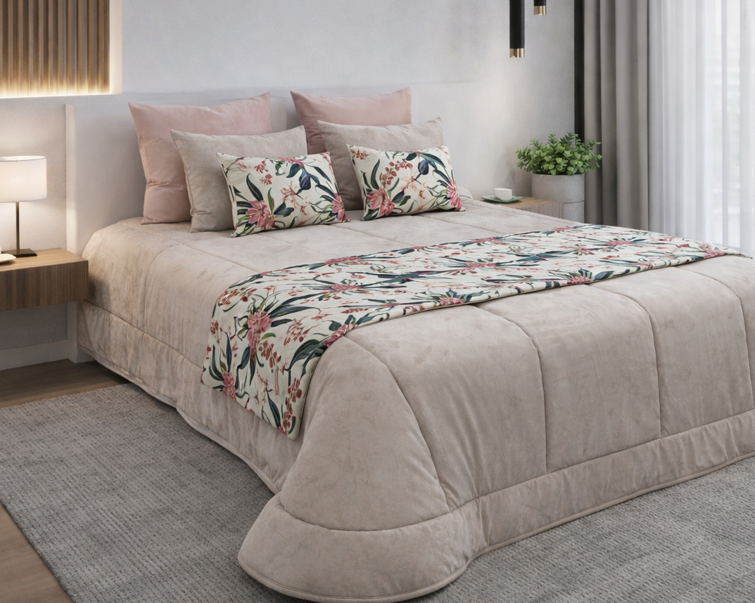 Cama com colcha e almofadas bege e rosa com detalhes florais num quarto moderno