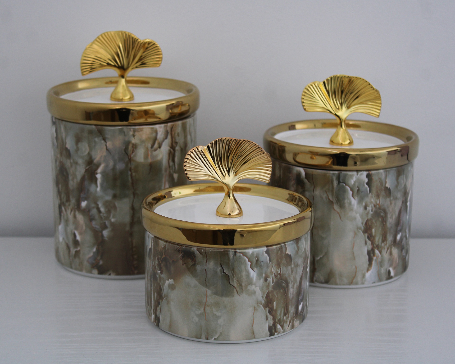 Potes Decorativos com Tampa Dourada e Detalhe em Folha