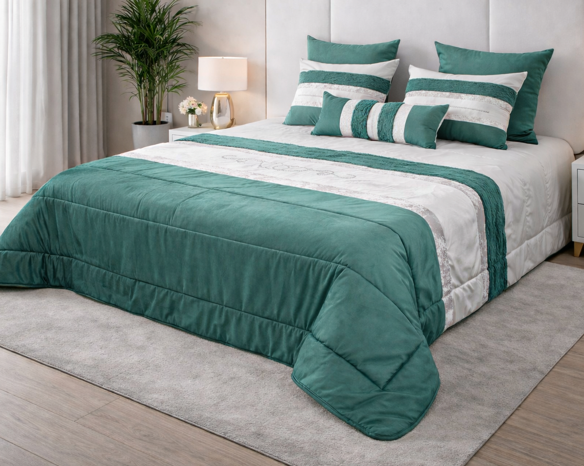 Cama com edredão verde-água e branco com padrão listrado e almofadas decorativas.