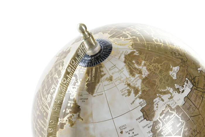 Globo terrestre decorativo com fusos horários em metal prateado.