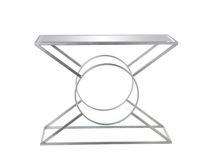 Mesa de apoio metálica prata com tampo de vidro e design geométrico