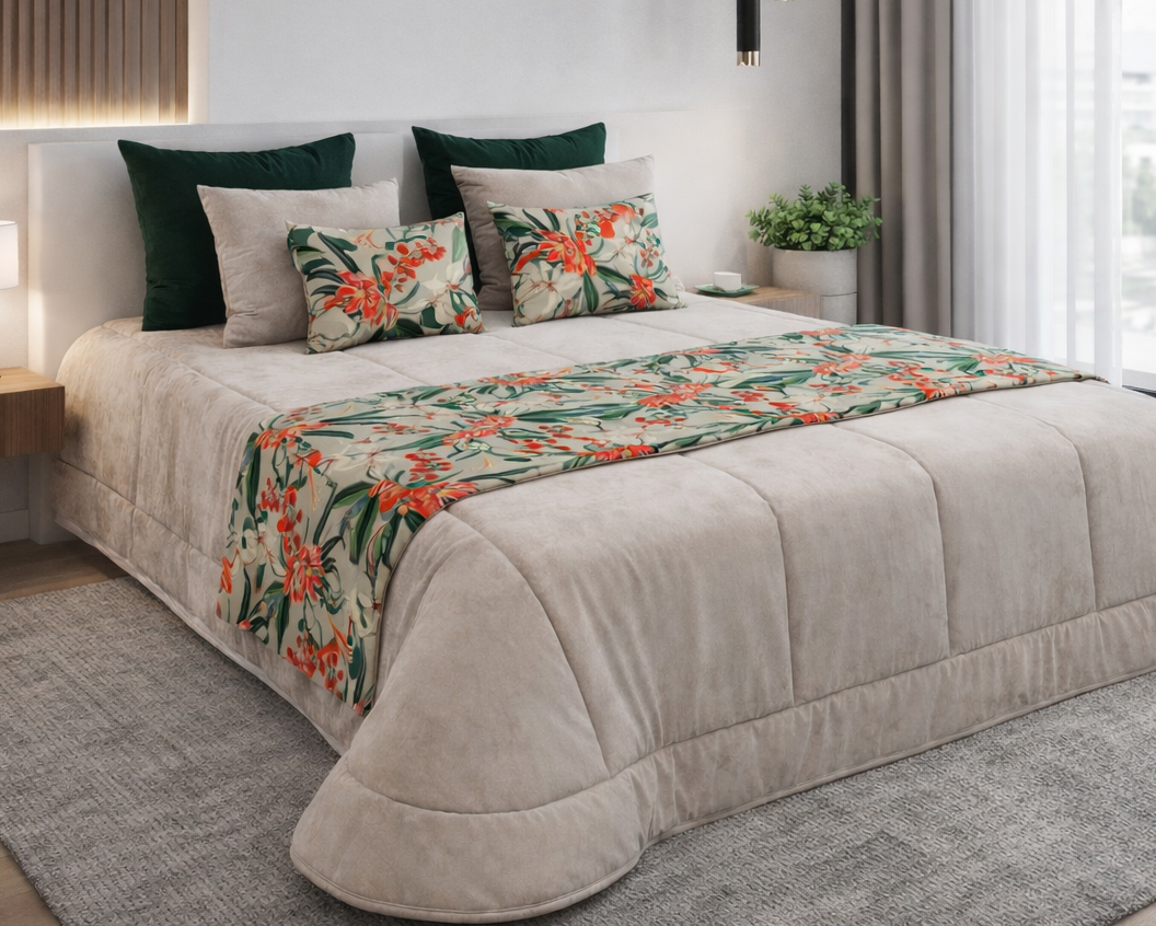 Cama com edredão bege, almofadas florais e verdes, tapete cinza e mesa de cabeceira com planta.