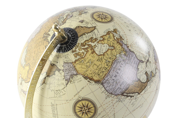 Globo terrestre decorativo com meia-aro metálico dourado