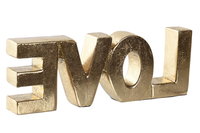Objeto decorativo dourado com a palavra 'LOVE' invertida