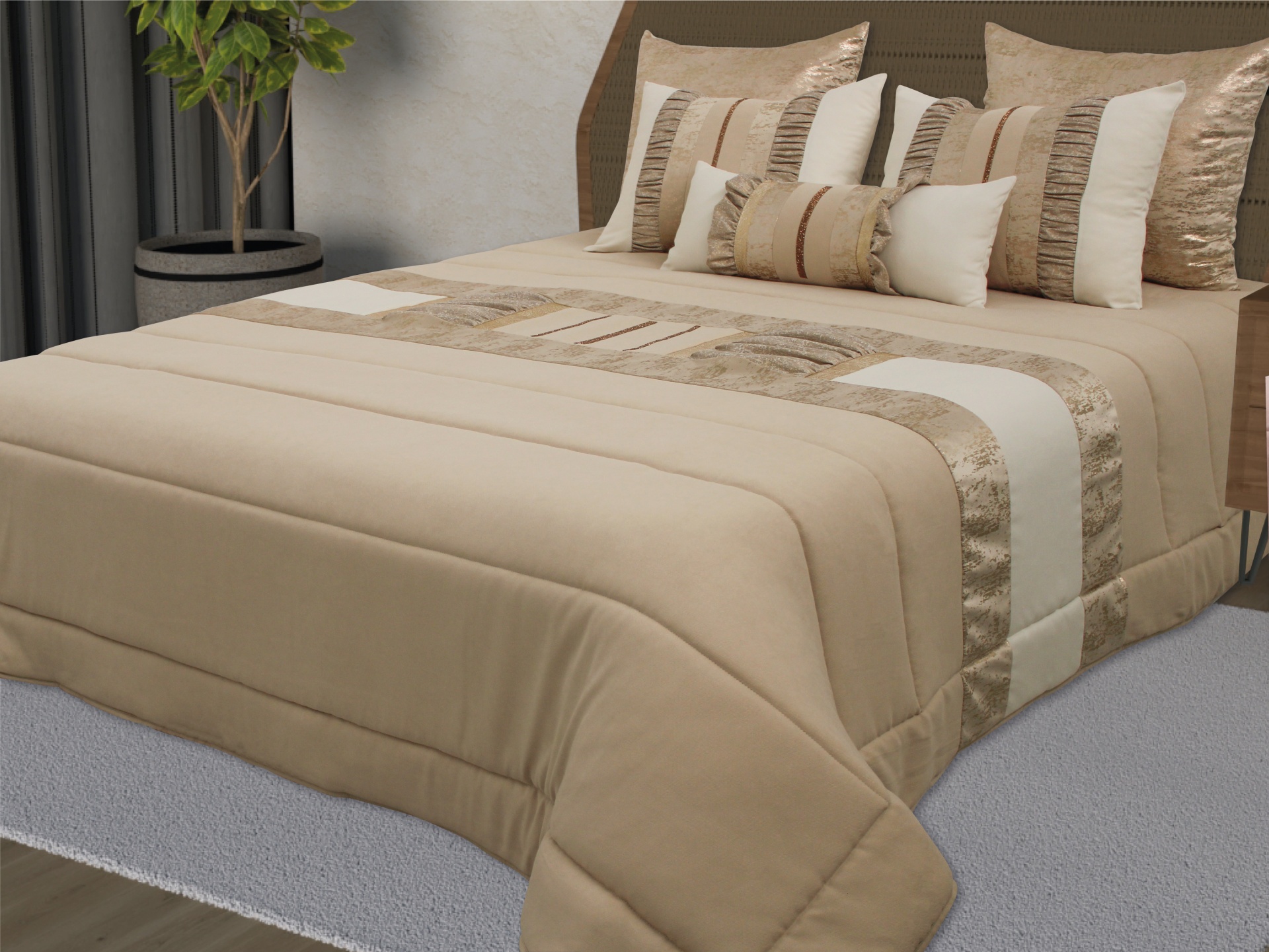 Cama com colcha bege e almofadas decorativas em bege e dourado sobre tapete cinza