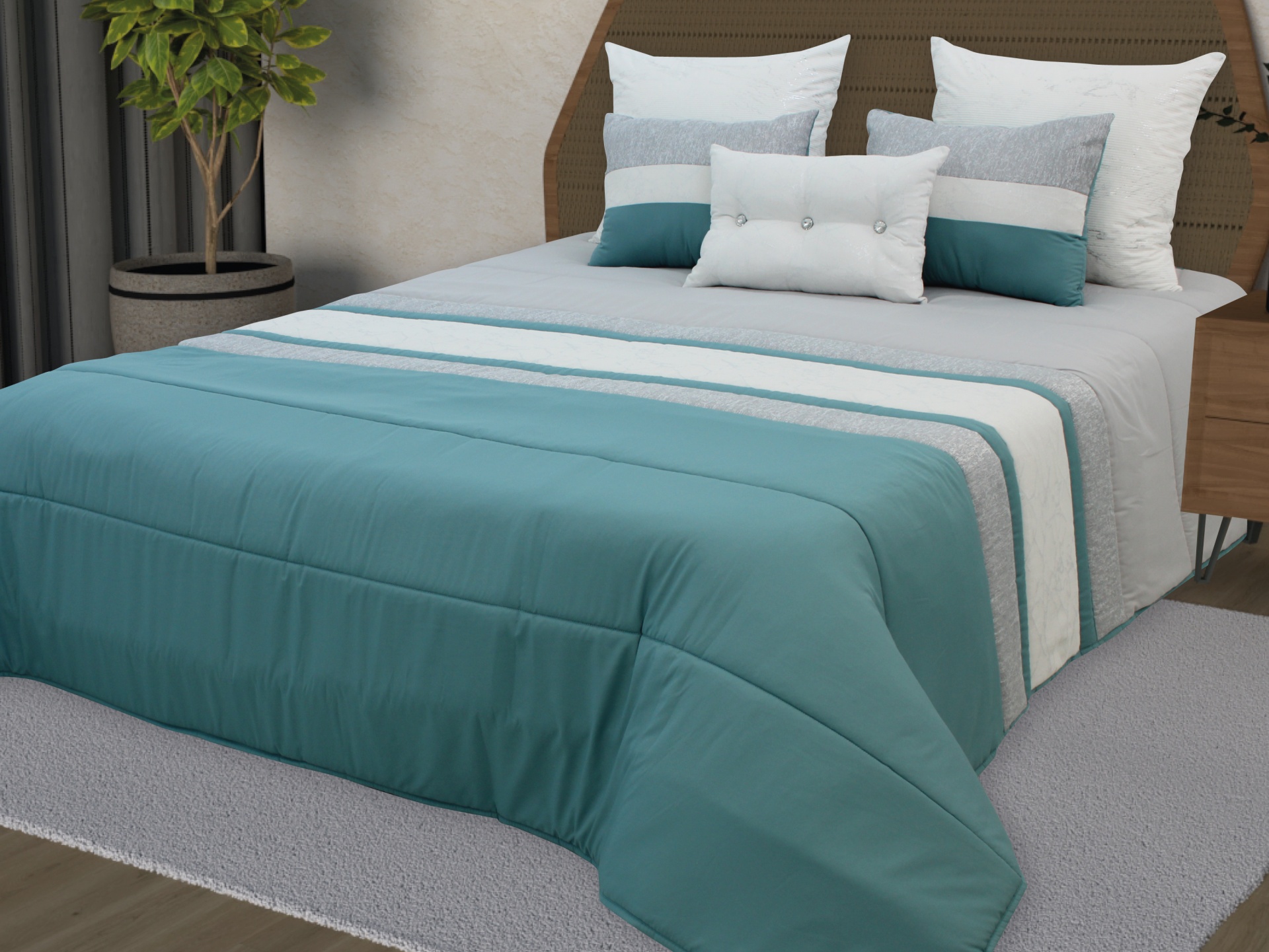 Cama com colcha azul turquesa e branca com faixa, almofadas coloridas, cabeceira em madeira e planta ao lado