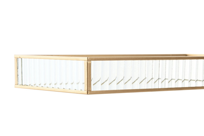 Bandeja retangular dourada com laterais em vidro facetado