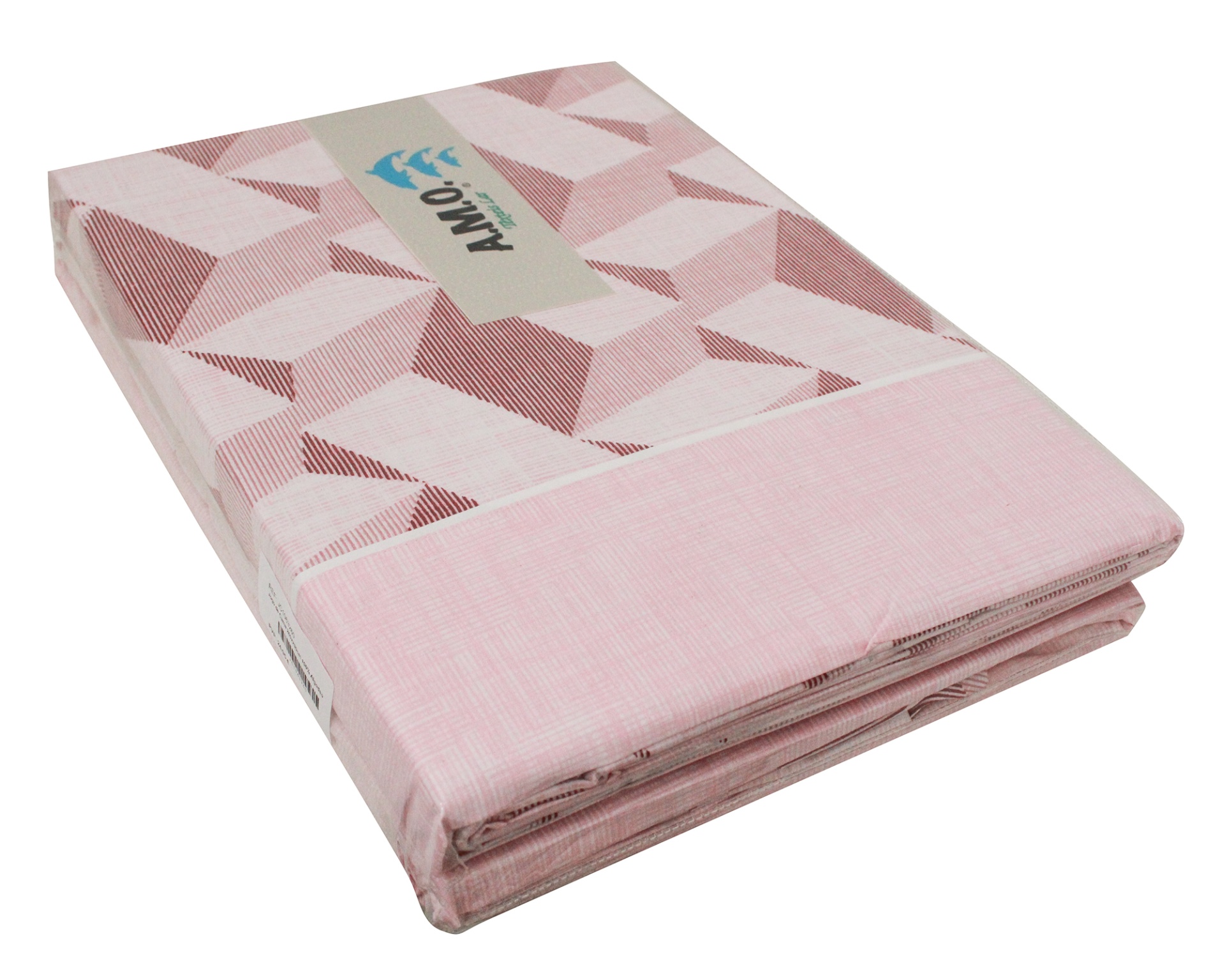 Jogo de cama rosa com padrão geométrico e etiqueta ALMO