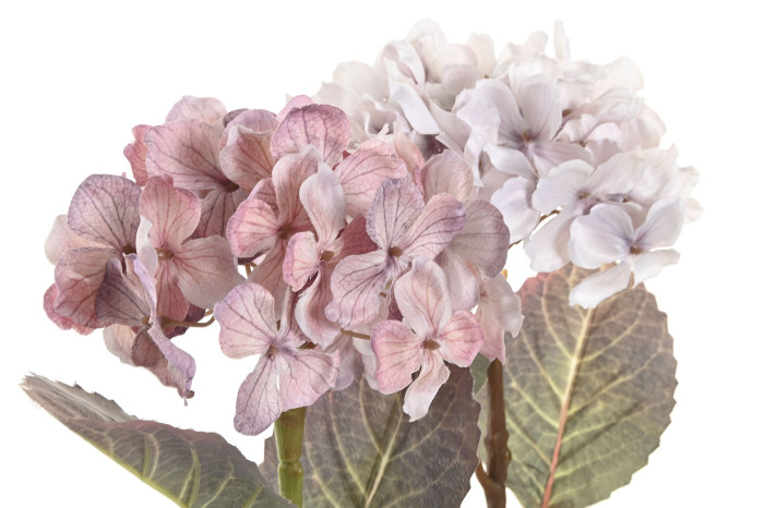 Flores artificiais de hortênsia rosa e branca com folhas verdes