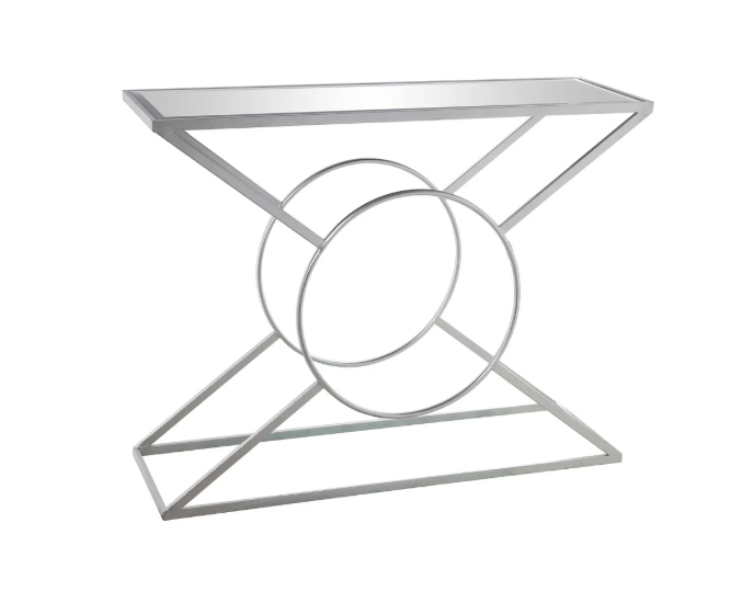 Estrutura metálica prateada com design geométrico sobre fundo branco