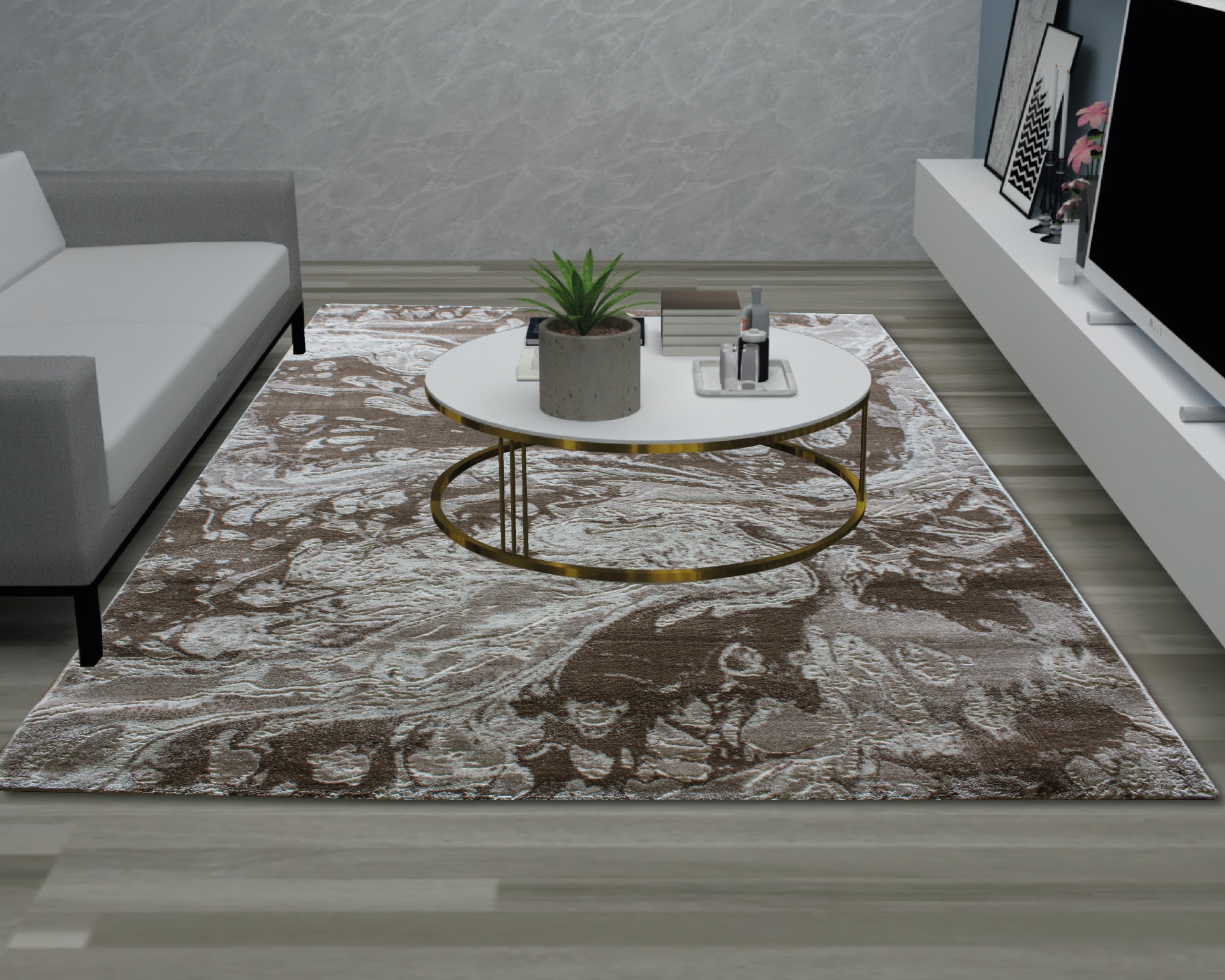 Tapete castanho e bege com padrão abstrato numa sala moderna com sofá cinza e mesa de centro oval