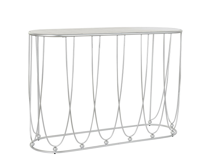 Consola branca com tampo oval e estrutura metálica fina entrelaçada