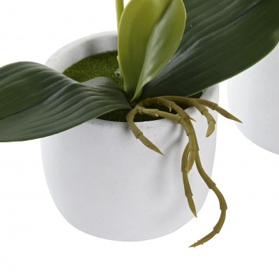 Vaso branco com planta artificial verde e raízes visíveis