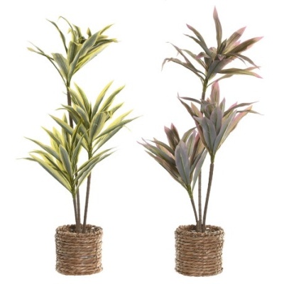 Duas plantas artificiais em cachepots de palha, com folhas verdes e roxas